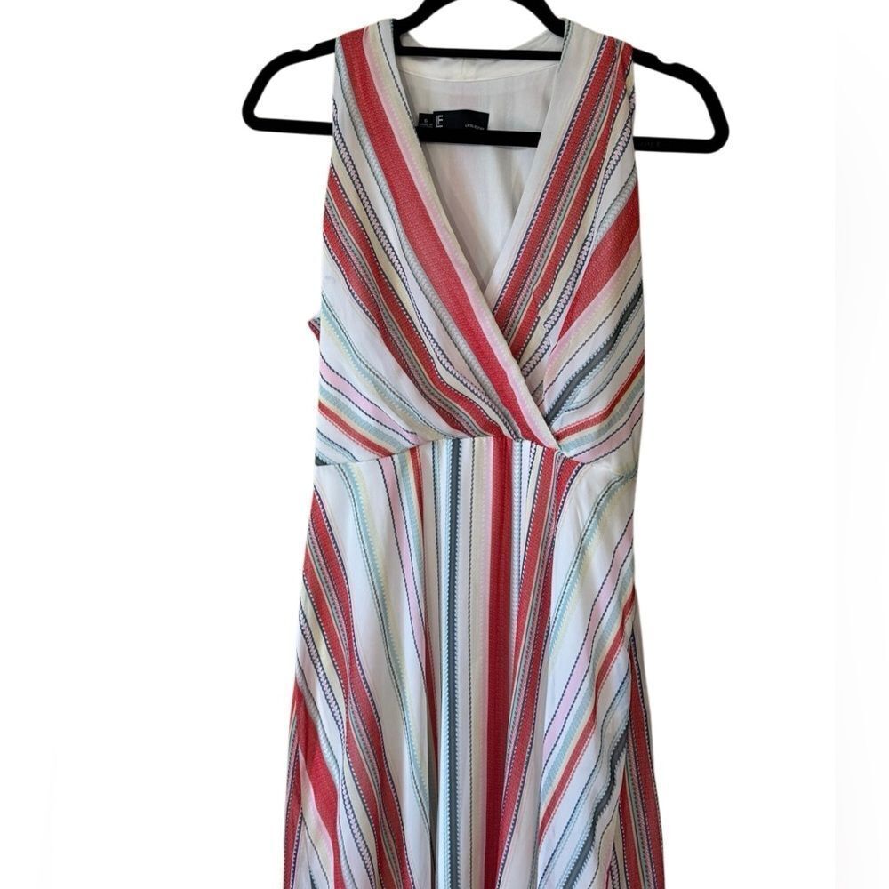 Leslie Fay Women's V Neck Multi Color Striped Midi Dress Size 6 - Picture 2 of 7